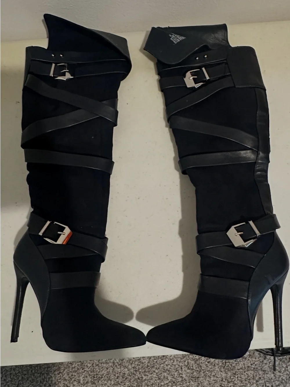 Shoe Dazzle Black Over-the-Knee Strappy Buckle Stiletto Boots